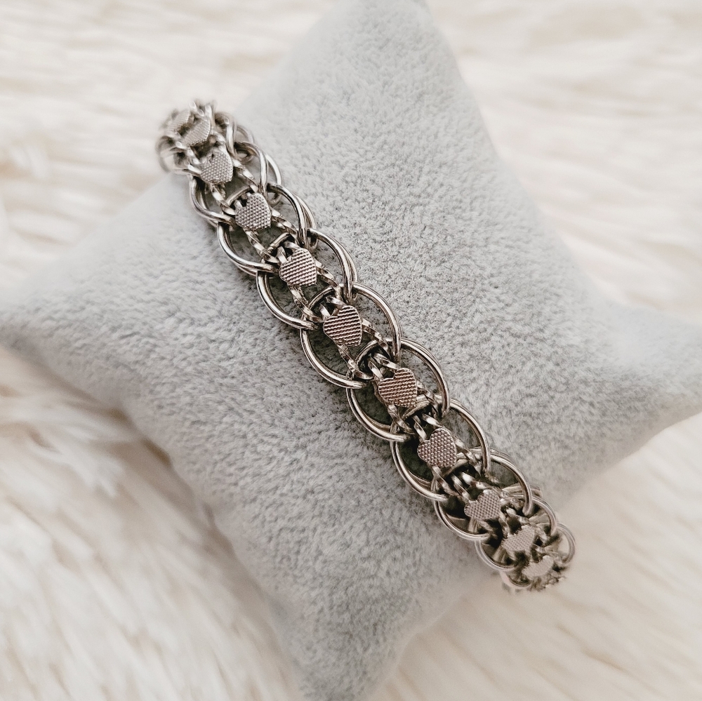 Vintage Monet Etched Heart Link Chunky Bracelet